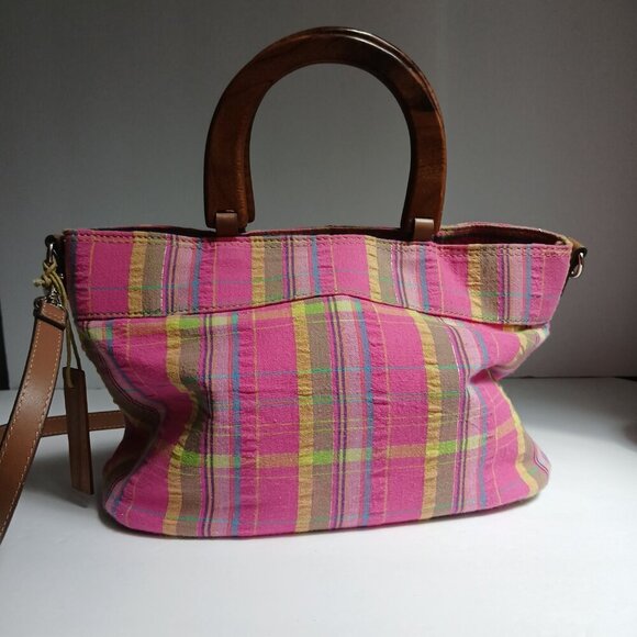 Seersucker & Hemp Plaids & Stripes Wood Satchel Handle & Removable Strap NWOT - Picture 3 of 8